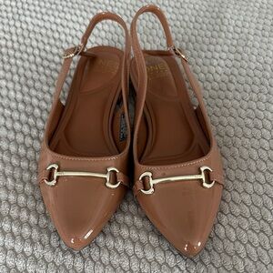 Jones New York Tan Patent Pointed-Toe Slingback Flats with Gold Bit